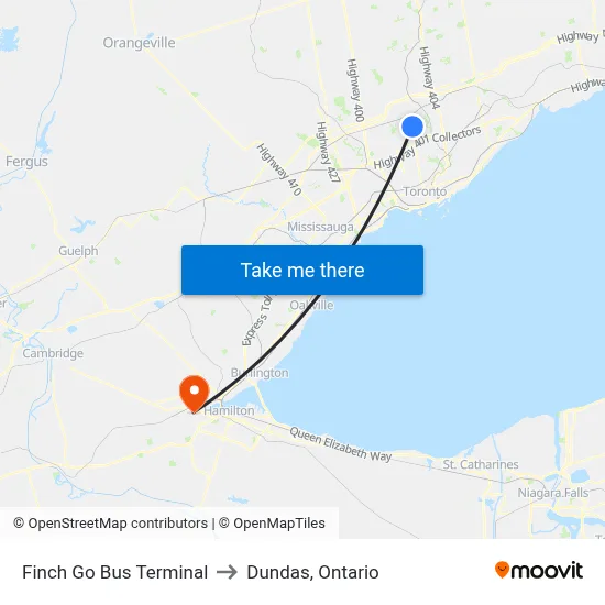 Finch Go Bus Terminal to Dundas, Ontario map