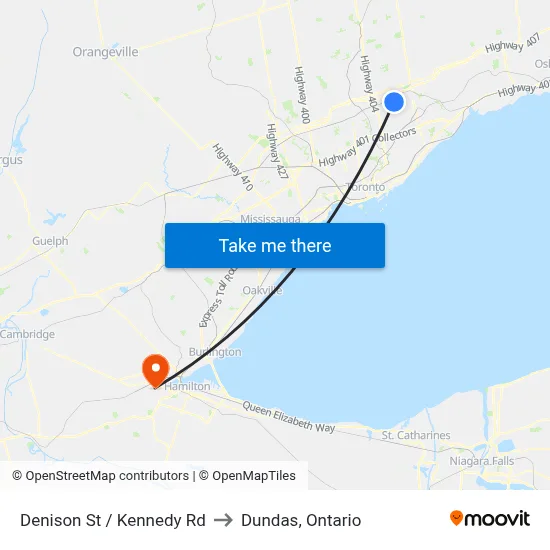 Denison St / Kennedy Rd to Dundas, Ontario map