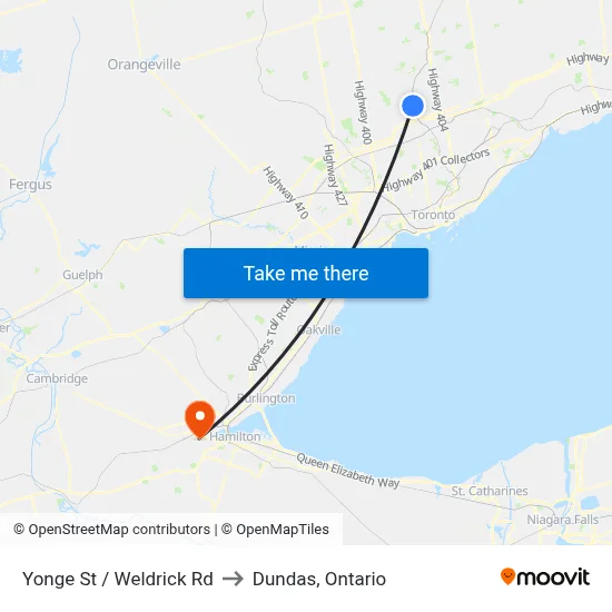 Yonge St / Weldrick Rd to Dundas, Ontario map