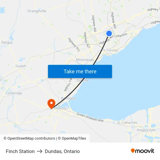 Finch Station to Dundas, Ontario map