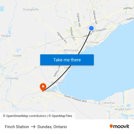 Finch Station to Dundas, Ontario map