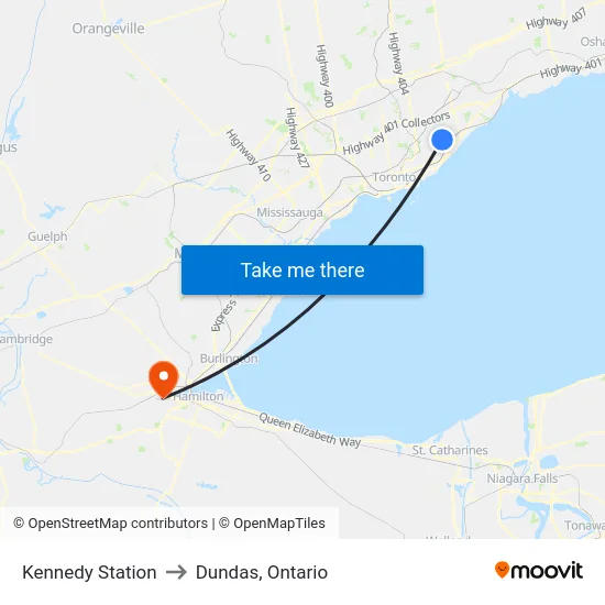 Kennedy Station to Dundas, Ontario map