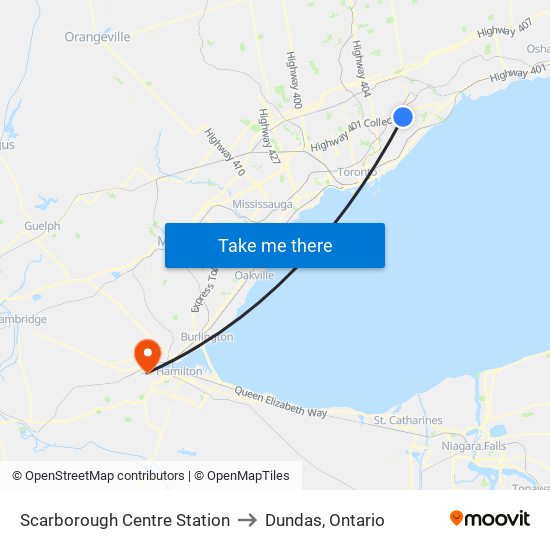 Scarborough Centre Station to Dundas, Ontario map