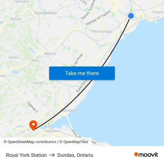 Royal York Station to Dundas, Ontario map