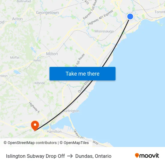 Islington Subway Drop Off to Dundas, Ontario map