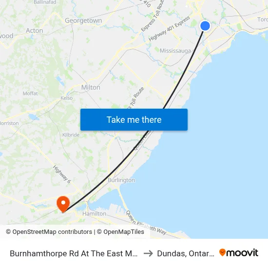 Burnhamthorpe Rd At The East Mall to Dundas, Ontario map