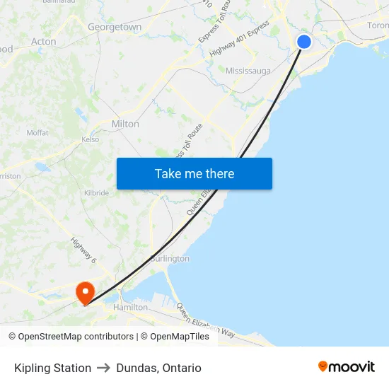 Kipling Station to Dundas, Ontario map