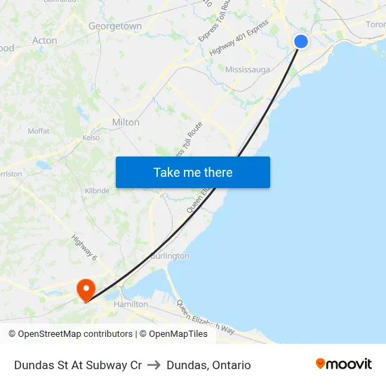 Dundas St At Subway Cr to Dundas, Ontario map