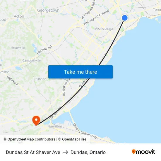 Dundas St At Shaver Ave to Dundas, Ontario map
