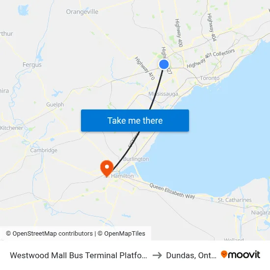 Westwood Mall Bus Terminal Platform D,E,F to Dundas, Ontario map