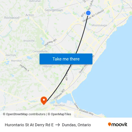 Hurontario St At Derry Rd E to Dundas, Ontario map