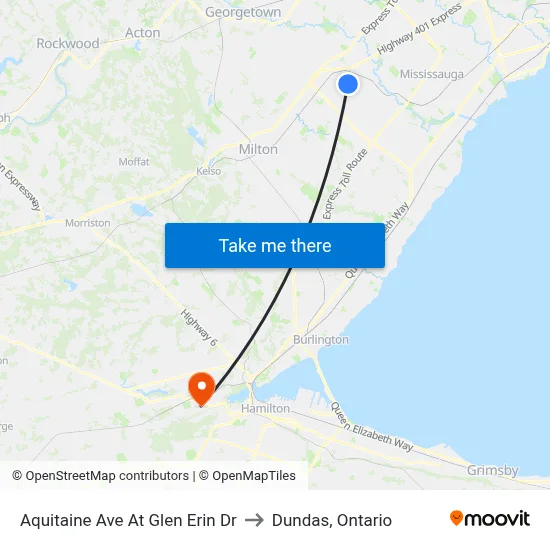 Aquitaine Ave At Glen Erin Dr to Dundas, Ontario map