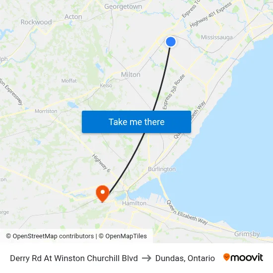 Derry Rd At Winston Churchill Blvd to Dundas, Ontario map