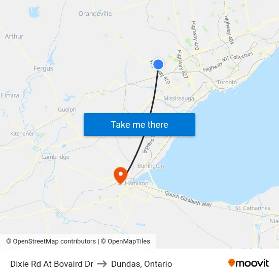 Dixie Rd At Bovaird Dr to Dundas, Ontario map