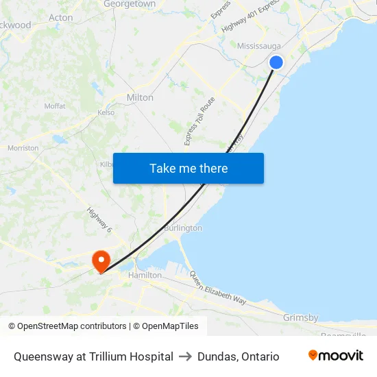 Queensway at Trillium Hospital to Dundas, Ontario map