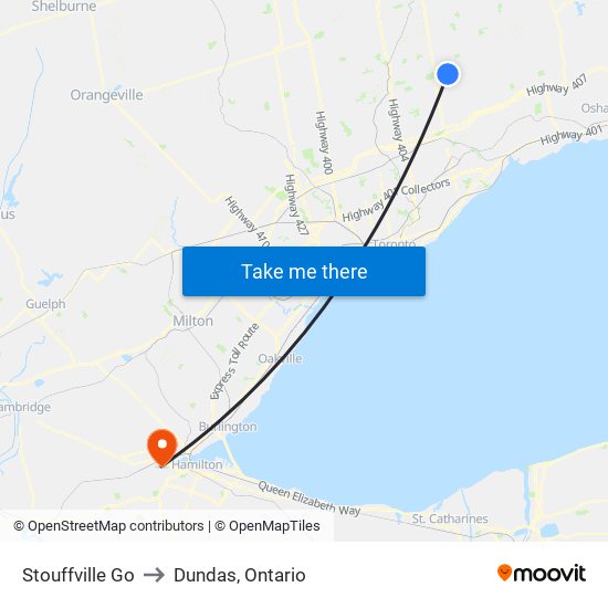 Stouffville Go to Dundas, Ontario map