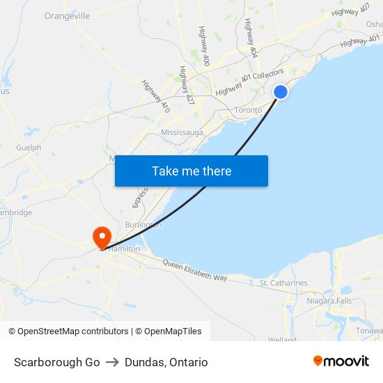 Scarborough Go to Dundas, Ontario map