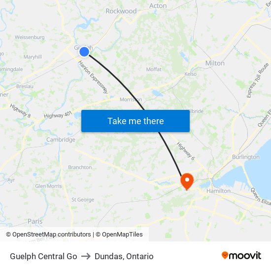 Guelph Central Go to Dundas, Ontario map
