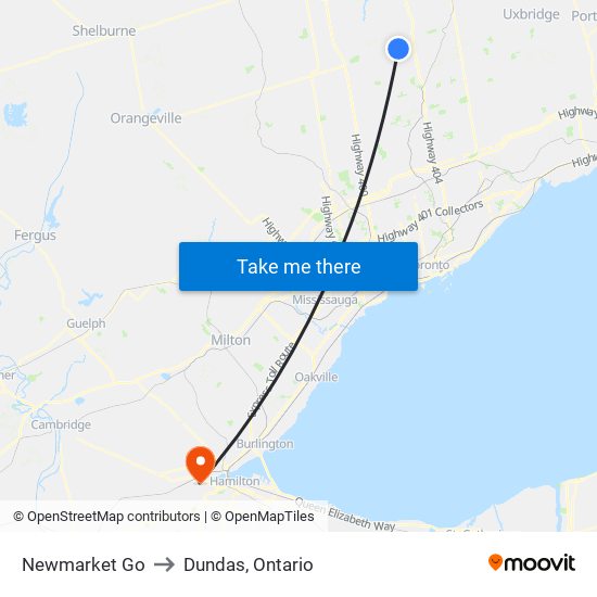 Newmarket Go to Dundas, Ontario map