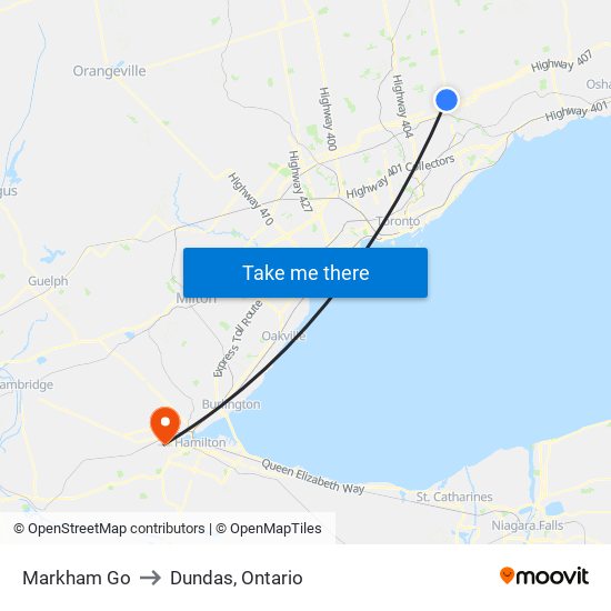 Markham Go to Dundas, Ontario map