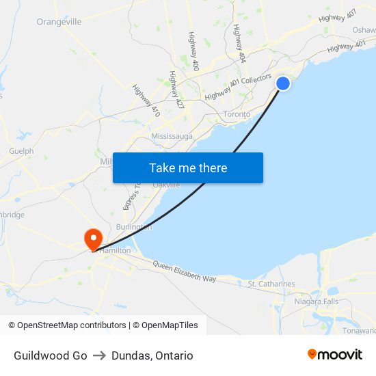 Guildwood Go to Dundas, Ontario map