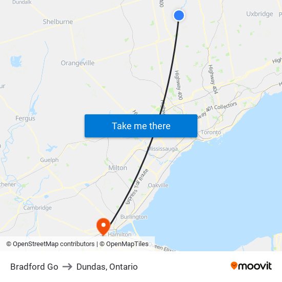 Bradford Go to Dundas, Ontario map