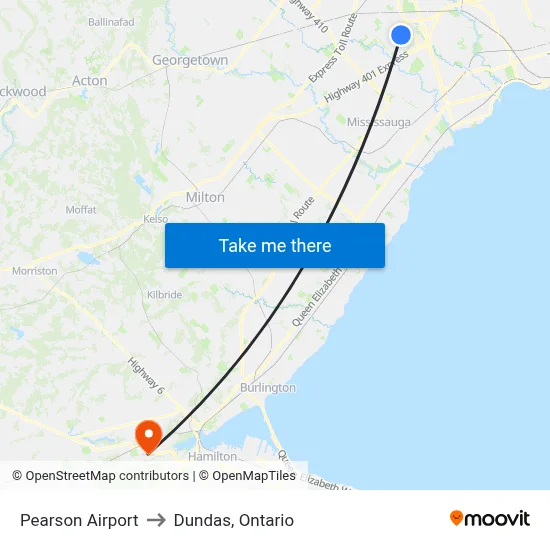 Pearson Airport to Dundas, Ontario map