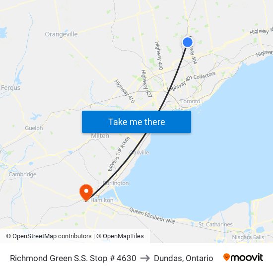 Richmond Green S.S. Stop # 4630 to Dundas, Ontario map