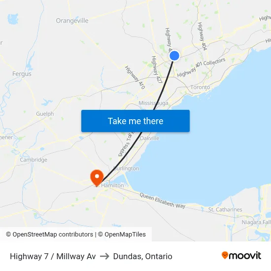 Highway 7 / Millway Av to Dundas, Ontario map
