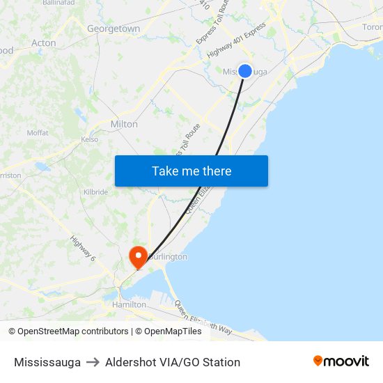 Mississauga to Aldershot VIA/GO Station map