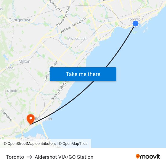 Toronto to Aldershot VIA/GO Station map