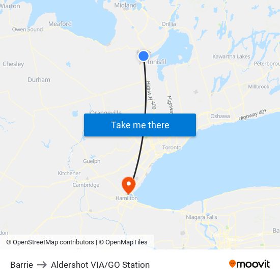 Barrie to Aldershot VIA/GO Station map