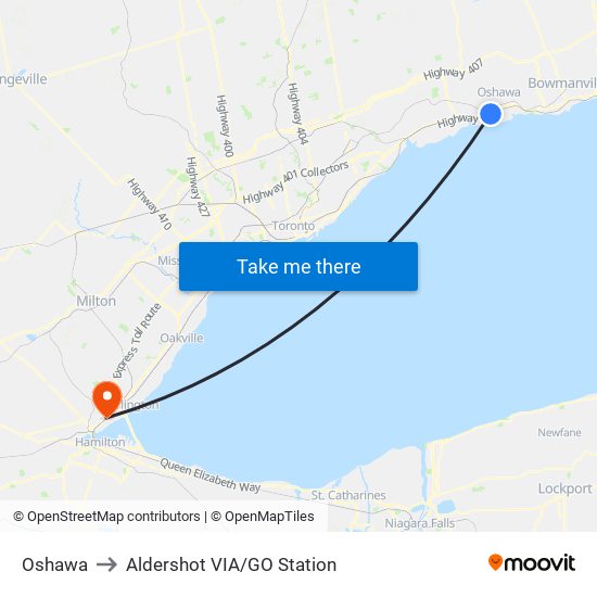 Oshawa to Aldershot VIA/GO Station map