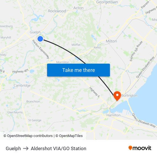 Guelph to Aldershot VIA/GO Station map