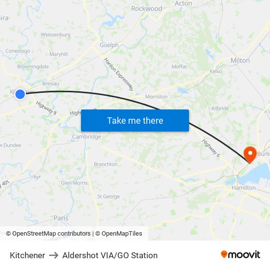 Kitchener to Aldershot VIA/GO Station map