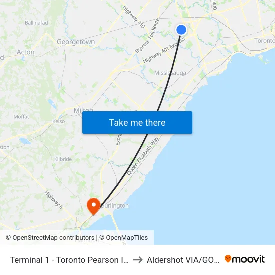 Terminal 1 - Toronto Pearson Int'L Airport to Aldershot VIA/GO Station map