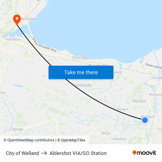 City of Welland to Aldershot VIA/GO Station map