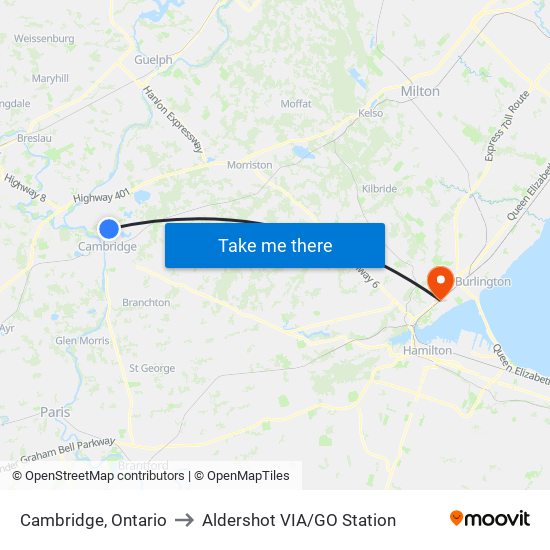 Cambridge, Ontario to Aldershot VIA/GO Station map