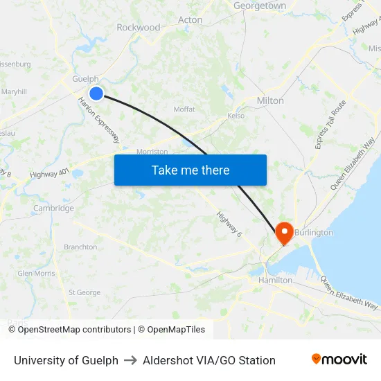 University of Guelph to Aldershot VIA/GO Station map