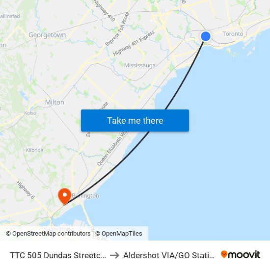 TTC 505 Dundas Streetcar to Aldershot VIA/GO Station map