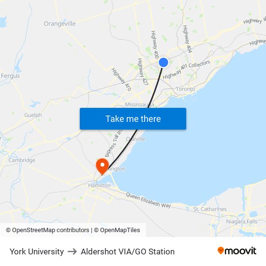 York University to Aldershot VIA/GO Station map