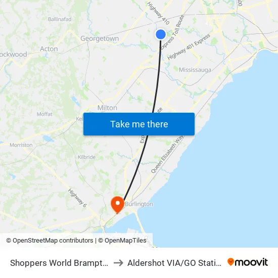Shoppers World Brampton to Aldershot VIA/GO Station map
