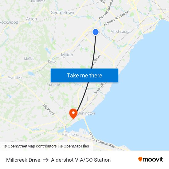 Millcreek Drive to Aldershot VIA/GO Station map