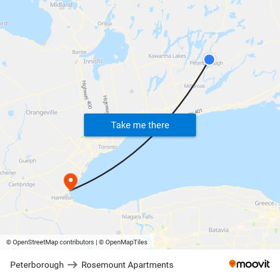 Peterborough to Rosemount Apartments map