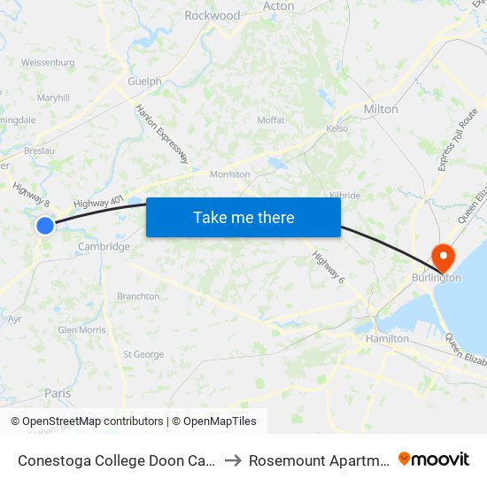 Conestoga College Doon Campus to Rosemount Apartments map