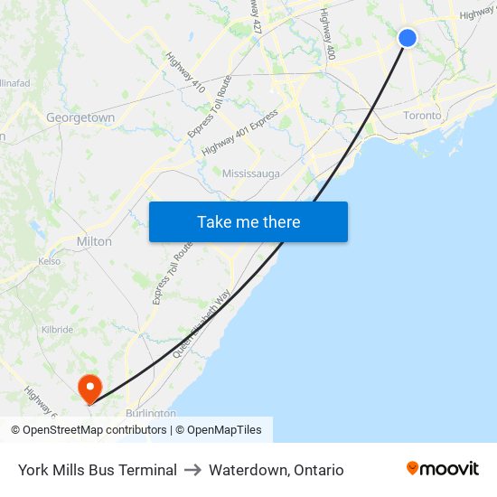 York Mills Bus Terminal to Waterdown, Ontario map