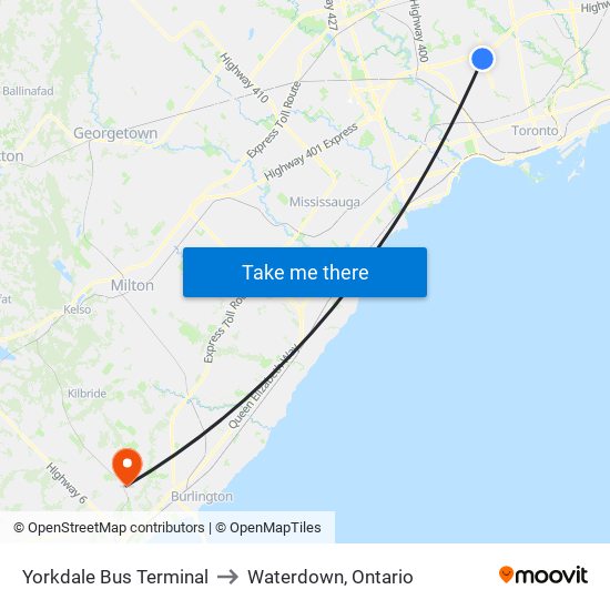 Yorkdale Bus Terminal to Waterdown, Ontario map