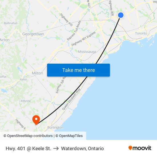 Hwy. 401 @ Keele St. to Waterdown, Ontario map