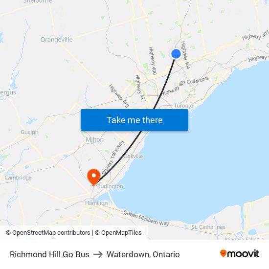 Richmond Hill Go Bus to Waterdown, Ontario map