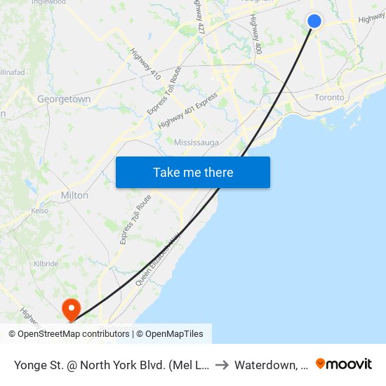 Yonge St. @ North York Blvd. (Mel Lastman Square) to Waterdown, Ontario map